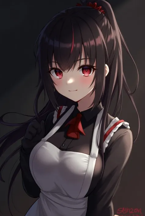  masterpiece,  Better quality, ZuikaKuv4 , azur lane, zuikaku (azur lane), 1 girl, black hair,  brown hair, gloves, (((apron))), hair tied up,   looking at the viewer, red eyes, smile, close up,  shaded face, Yandere, dark, crazy eyes