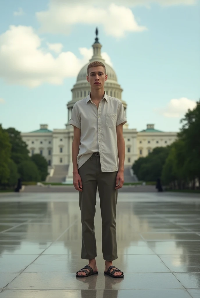 full_body, standing, sandals, (shirt), pants, (us capitol), (ahud: 1.2), perfect face, (contact iris: 1.1), pale skin, skin pores , depth of field