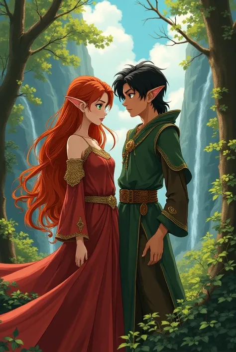 Create an anime cover of a novel from the 1980s  ,  featuring a red-haired elf girl and a black-haired elf boy