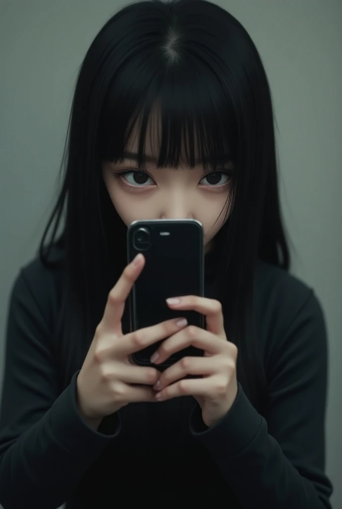  long ,  Selfie of a shy girl with straight black hair and bangs, Person in black clothes holding a cell phone  