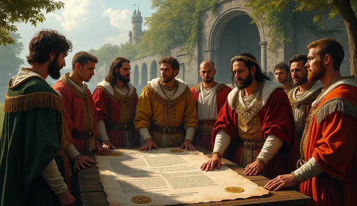  Create a realistic image of the creation of the Magna Carta in 1215 .  The scene must portray King John of England in a historic setting ,  surrounded by nobles and counselors ,  in a field next to the River Thames .  Show the tension in the air as they d...