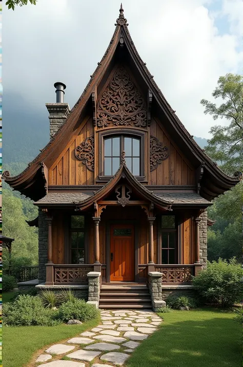 Facade of a 3-meter-wide house with dead iron wood roof with relief design 