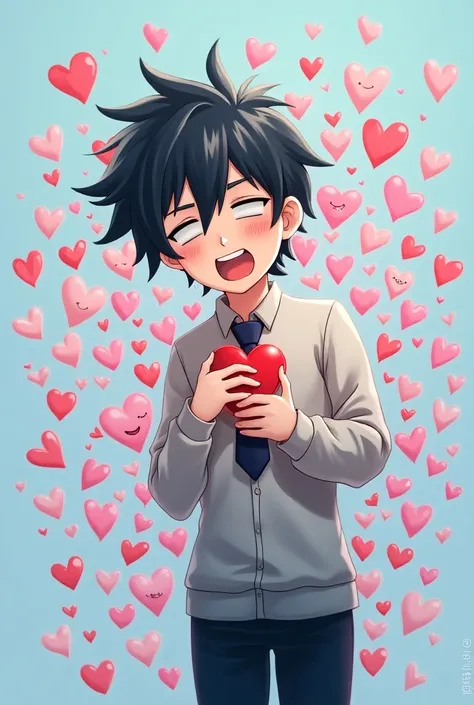 Stylish 2d wallpaper A very tall boy ,  with hair 
black and school uniform blushing and clutching her chest with a racing heart and sweating and thinking of a pretty girl with black hair , long hair , school uniform and smiling with his head to the side a...