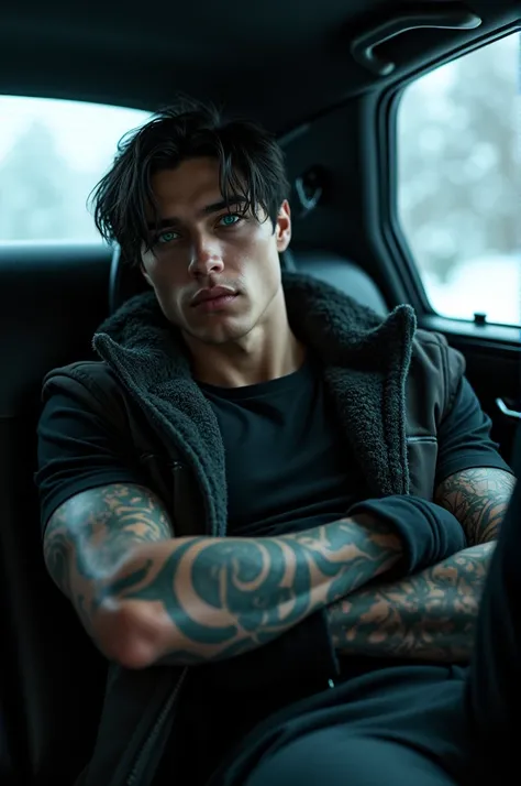 An attractive man , 27 years old,  black hair, ,  with some stubborn locks , turquoise color eyes neon,  perfectly arched eyebrows ,  sensual lips and full lips ,  villainous features ,  athletic and muscular build , black shirt, pants, abrigo de  winter, ...