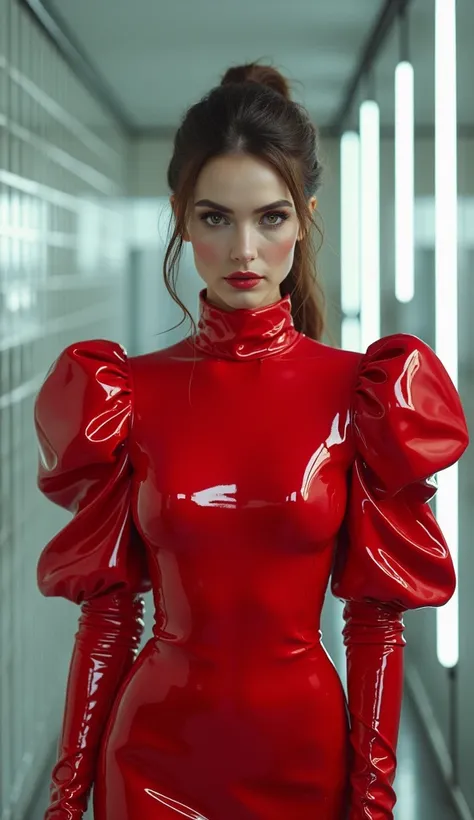 femme européenne époustouflante en robe de gouvernante en pvc rouge fluo avec  de longues manches bouffantes, cabinet médical  avec des carreaux en pvc brillants sur les murs,