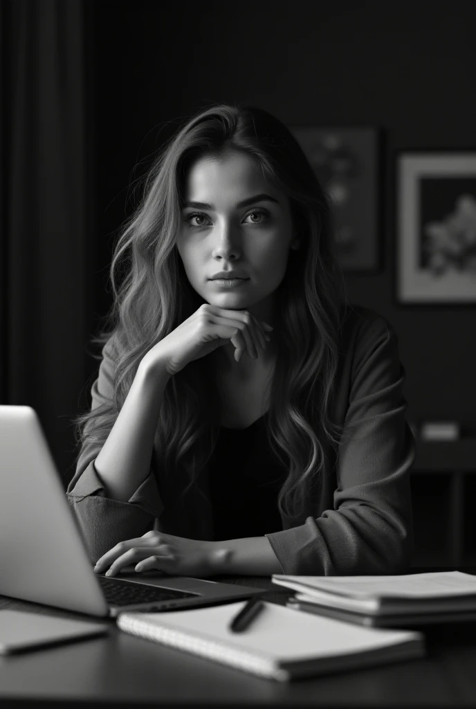 Make me an image of a white college girl in black film with long wavy hair in front of her desk where her laptop is with some books and a notebook thinking and that she looks confident in what she is going to do

