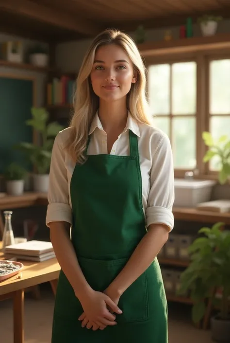 light straight long hair, green apron teacher 