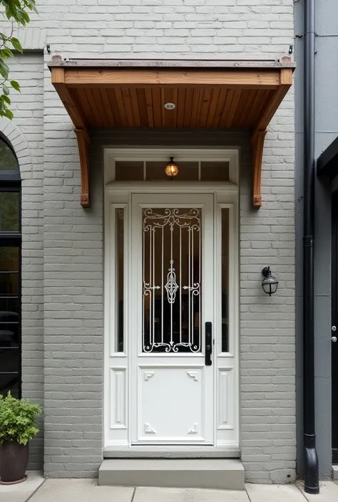 Block façade with white iron door and wooden roof 