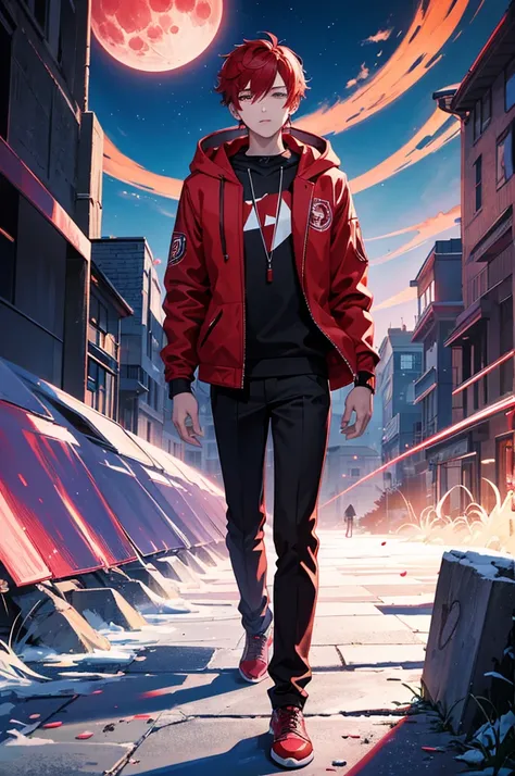 A stunning, colorful artwork featuring, leader boy with red headphones, red hair and black jacket with hood, using a mix DJ, recognizing the artist who created this breathtaking masterpiece several lights and beautiful purple moon. The scene takes place in...