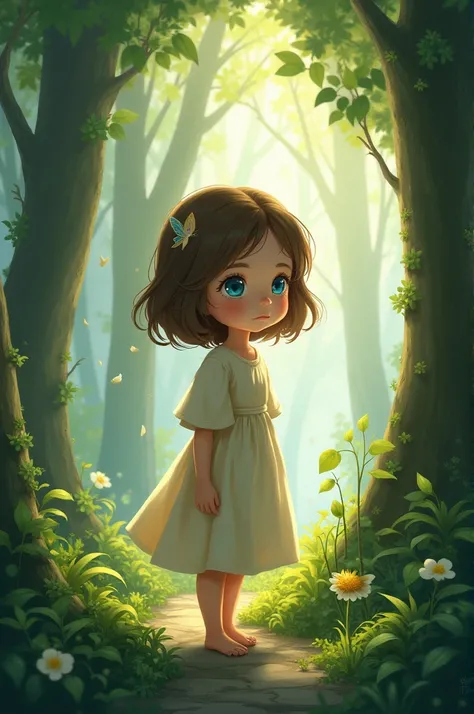 A girl with short brown hair with blue eyes in a forest 