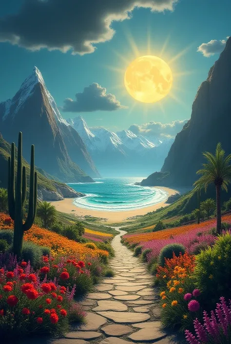 A detailed, colorful, and fantastical landscape, a straight stone road cutting through a vibrant field of flowers on the right, with towering mountains and lush vegetation in the distance, a desert with dunes and cacti on the left, a stormy sky with a dark...