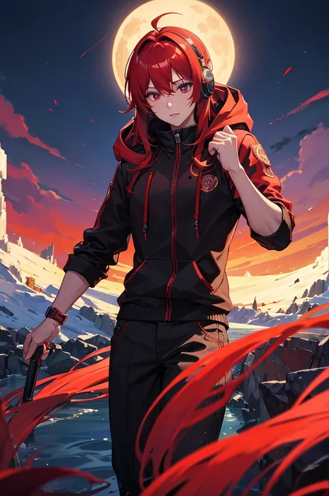 A stunning, colorful artwork featuring, leader  with red headphones, red hair and black jacket with hood, using a mix , recognizing the artist who created this breathtaking masterpiece several lights and beautiful purple moon. The scene takes place in a la...