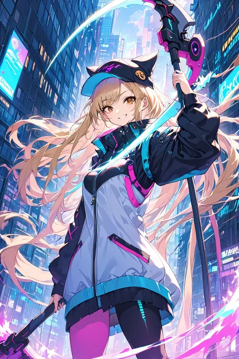 1girl,blonde hair,absurdly long hair,brown eyes, smirk, holding scythe,holding weapon,magical, wich hat, cyberpunk jacket,colorf...