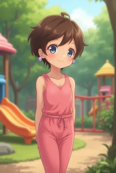 White girl , 9y, 1:4, standing, side view, pink jumpsuit,  tight jumpsuit, jumpsuit legggings, waist cord, short pixie hair, brown hair, small earrings, blue eyes, smile, touched below stomach by 2 smaller girls, playground,