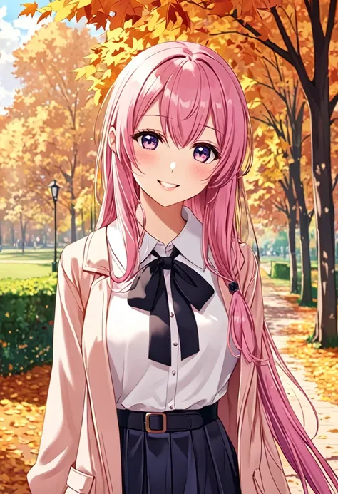 Megurine Luka, cute and sexy, adult casual clothes, park, autumn walk, morning, upper body, gratitude, skirt, greeting