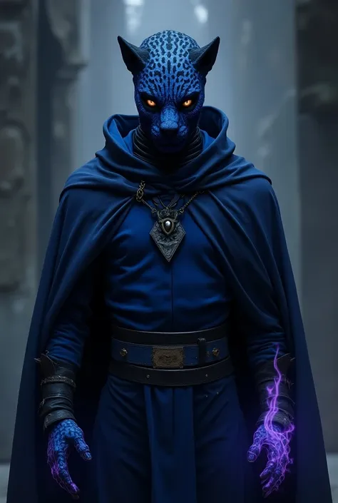 23 Year old black human man with short hair. Who is a warlock from dnd, wearing a dark blue clothes and a cloak with a grey symbol of a cat eye on the chest, and wearing a blue leopard mask. and weaeing black gloves that emits a purple flame on them. 