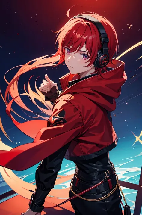 A stunning, colorful artwork featuring, leader boy with red headphones, red hair and black jacket with hood, using a mix DJ, recognizing the artist who created this breathtaking masterpiece several lights and beautiful purple moon. The scene takes place in...