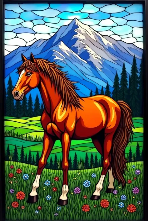 Stained glass art style. Horse in a pasture with the Banf mountains behind.