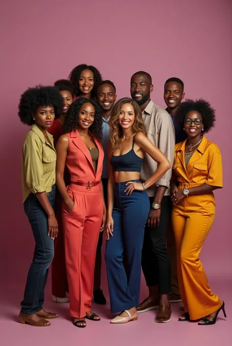  A musical group of 3 women and 3 men of different races posing for a photo, with solid background 