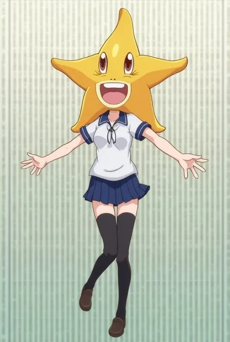 girl, anime, long stockings that reach the thigh (schooles), Polo sends short  (school),  a large starfish replaces your head,  his girls hands are in a position to grab something ( that thing hes holding you cant see ), your arms are extended downward, Th...