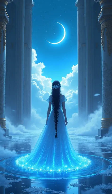 MagicaI night and white crescent moon, This painting depicts a stunning, ethereal scene that seems to blend fantasy and reality. One figure, probably female, with her back to the viewer, is adorned in an elegant blue glowing neon sparkles cloak dress with ...