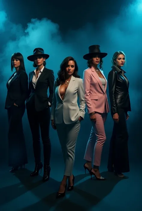  Five women in a dramatic setting , representing the mafia style. They are standing in a serious posture,  all wearing mobster costumes ,  but maintaining elements that reflect her unique personalities .

1. tall woman:  Wearing a dark-colored fitted suit ...