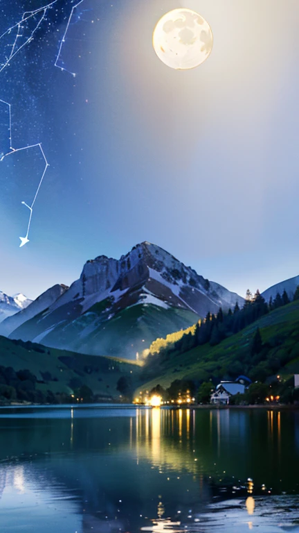 Camera recording , (( mountain background with a lake in the background)),((stars, moon in the background,  background constellation , Background night)), 