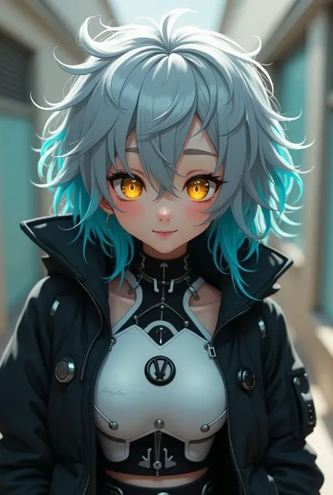 1. **Physical appearance**: Nyxara ,  like a  ,  has gray hair with blue highlights ,  that fall in a messy and vibrant way ,  giving a fun and energetic air to her visual .  Her yellow eyes are large and expressive ,  radiating a mix of curiosity and joy ...