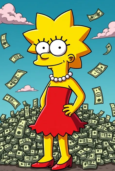  Make me a poster of you want that has the image of Lisa Simpson and has a large amount of money .  Below he places characteristics and you will say that he has yellow hair and skin ,  his hairstyle looks like a star , He wears red shoes ,  a pearl necklac...