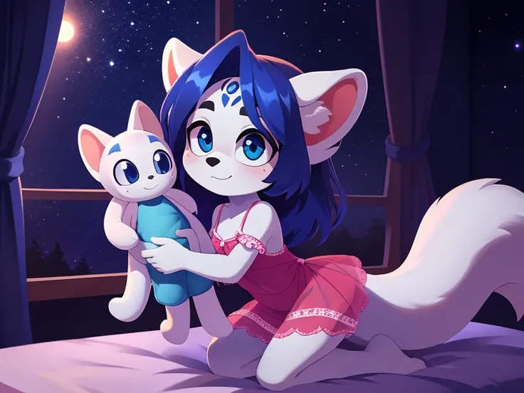 Leopard boy, white body, blue face, shiny hair, big eyes, big ears, big tail, dressed like a nightgown, bedroom background, midnight sky, stars, high quality, a masterpiece, holding a cute doll. 