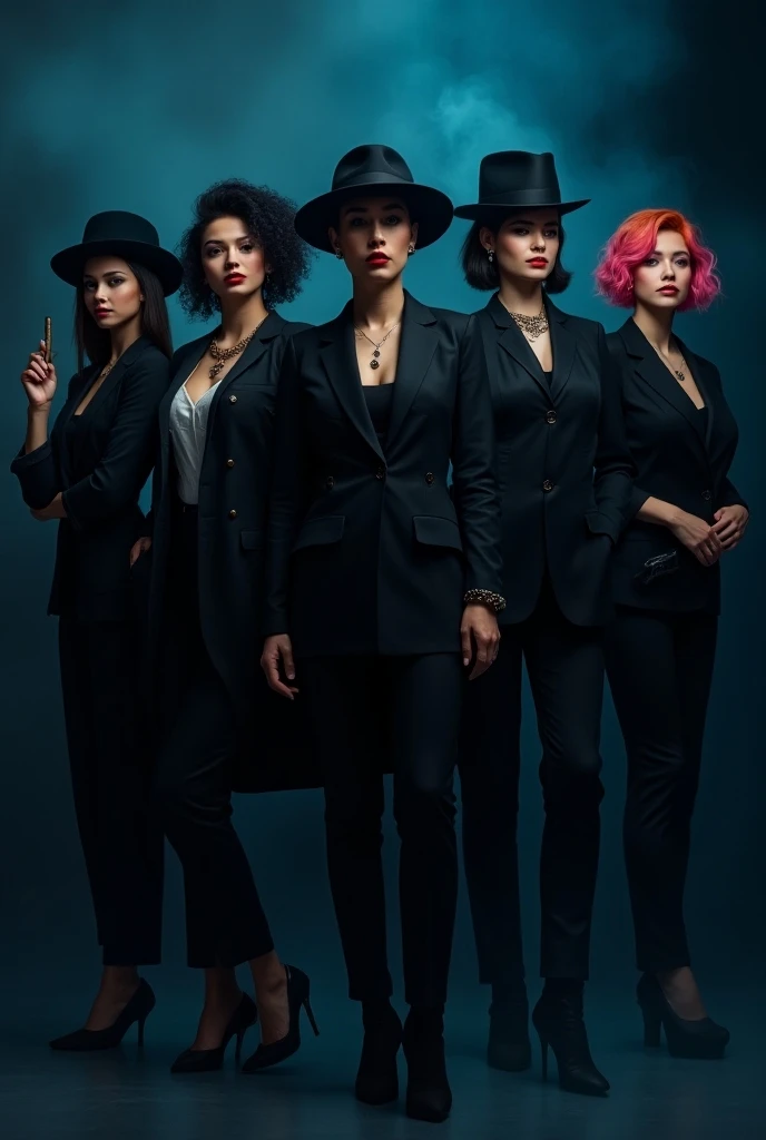 perfect! Vamos ajustar o prompt para ter todas as garotas com trajes em preto e incluir os detalhes sobre as meninas com cabelo rosa e o cabelo ondulado red.  Here is the revised version :  Five women in a dramatic setting , representing the mafia style. T...