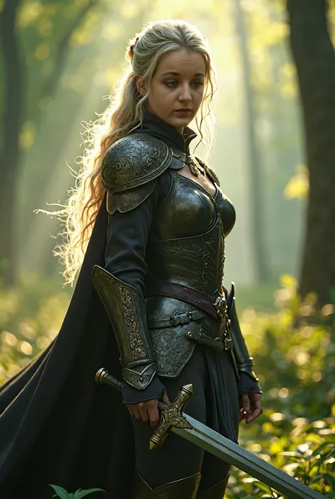 girl in forest, warrior, beautiful detailed eyes, beautiful detailed lips, extremely detailed face and eyes, long eyelashes, medieval fantasy armor, wielding sword, standing in lush green forest, sunlight streaming through trees, cinematic lighting, dramat...