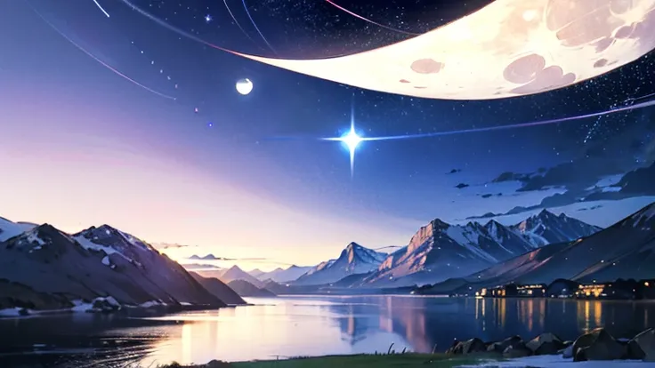 Camera recording , (( mountain background with a lake in the background)),((stars, moon in the background,  background constellation ,  starry night )), 