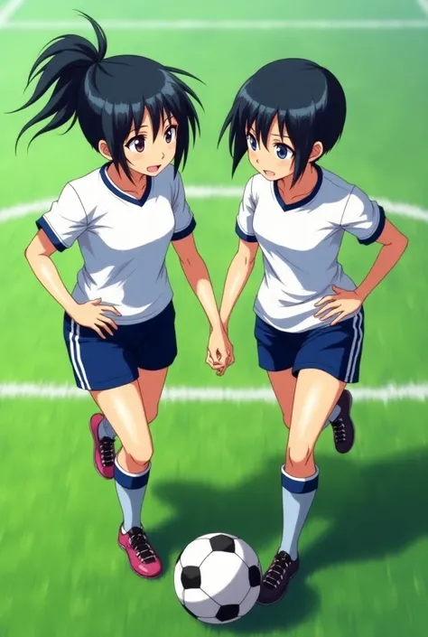 Japanese anime style,Two girls, soccer uniforms, very short hair, black hair, ponytail, soccer field, running, eye contact, looking into each others eyes, A little distance away, a soccer ball between them,