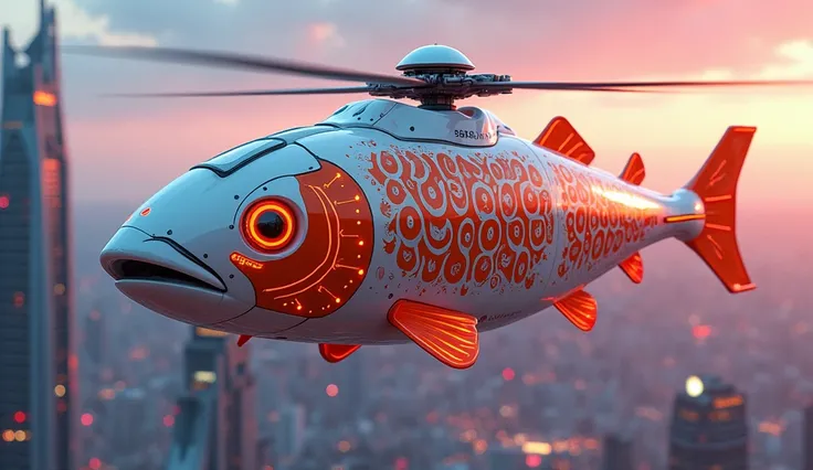 A futuristic,  large and fat high-tech carp-shaped hybrid helicopter flying above the skyscrapers view from the ground,  showing a fascinating fusion of bright white and orange ,  and neon red colors . The elegance of the carp ,  large, chubby body feature...