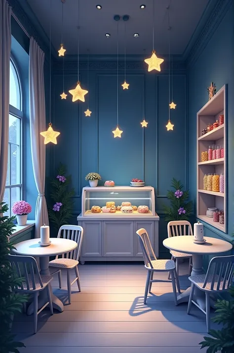  Create an interior illustration of a coffee shop ,  where the theme of this coffee shop is Night .  With a glass display case filled with decorated candies Delicately with stars, area, e etc.  The refined and white wooden tables ,  round and wide ,  along...