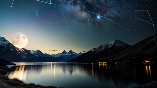 Camera recording , (( mountain background with a lake in the background)),((stars, moon in the background,  background constellation ,  starry night )), 