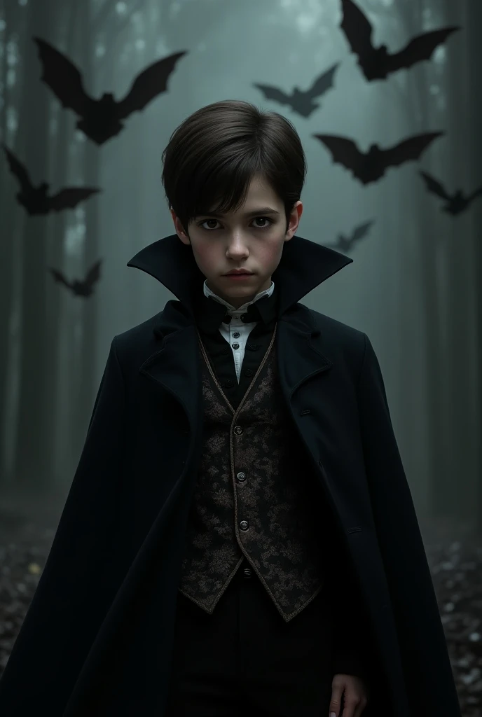  Make a boy with dark brown hair and eyes,  dressed as Dracula from Castlevania ,  looking at the camera . In the background there must be some bats 