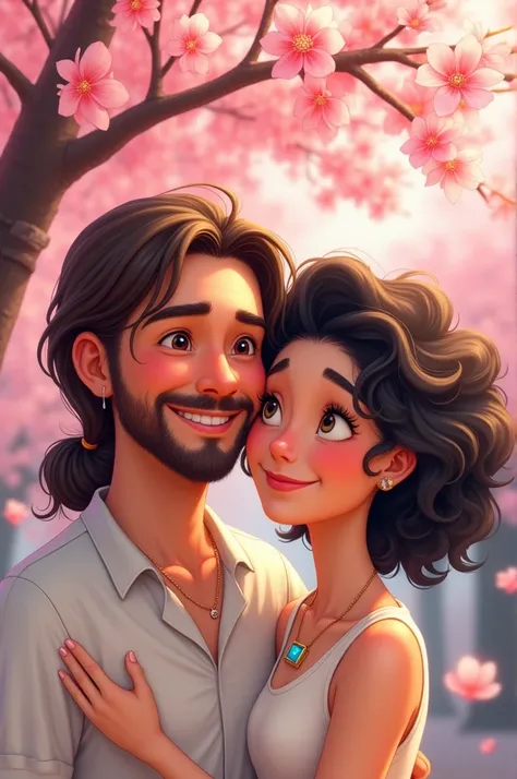 "Create a Pixar-style illustration of a joyful couple smiling in front of a cherry blossom tree. The girl has curly black hair, is wearing a white sleeveless top, and is smiling warmly. She has a small necklace with a square blue pendant, and a pink cherry...