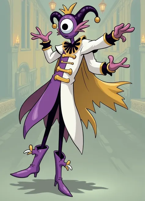  A cartoon being based on the appearance of court fools.  He has only one eye in the middle of his face , no nose or mouth ,  purple skin and clothes that alternate between white , black and purple, with golden ornaments