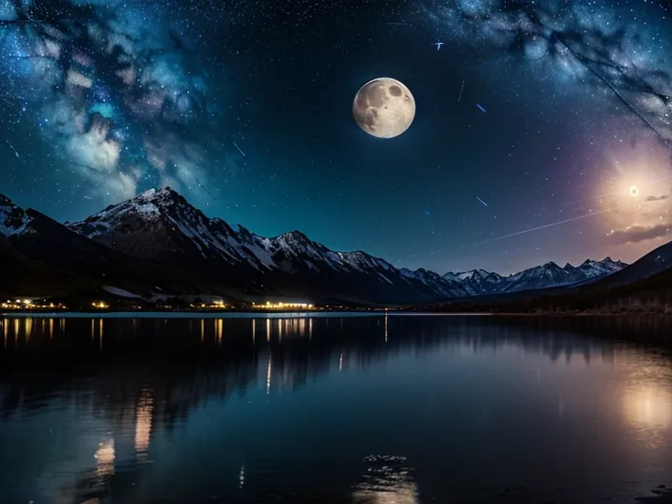 Camera recording , (( mountain background with a lake in the background)),((stars, moon in the background,  background constellation ,  starry night )), (( color mix)),((Hight Quality 4k ))