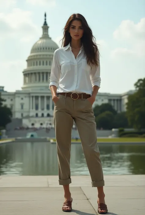 A woman, full_body, standing, sandals, (shirt), pants, (us capitol), (ahud: 1.2), perfect face, (contact iris: 1.1), pale skin, skin pores , depth of field