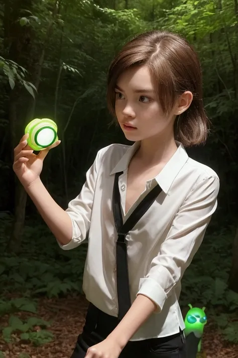  Quick cut for a young Ben Tennyson of about s, with messy brown hair and a WHITE AND BLACK BLOUSE, Walking in the forest.  He abruptly stops at the sight of the Omnitrix  ( a high-tech alien device ) stuck in the ground ,  glowing brightly in green .