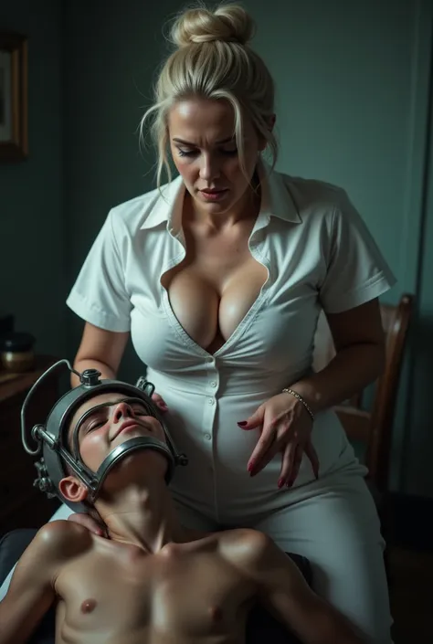 realistic detailed scene. naked blonde bun fat femdom granny nurse wearing open uniform, busty granny exposes big saggy boobs fr...