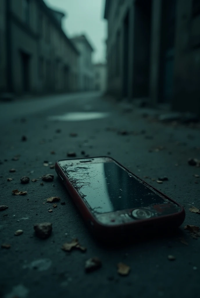 Abandoned phone on the ground, faint eerie whispers emitting from it."