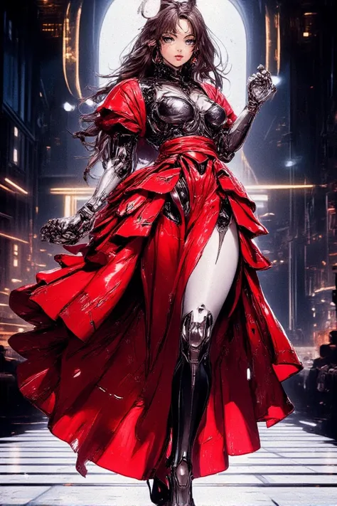 there is a beautiful mech model wearing intricate liquid metal dress, in a cyberpunk fashion catwalk, Best Detailed face, ultra detailed face, full body shot, long hair, wavy hair, dynamic eye color, wearing red liquid metal dress, wearing high heel boots,...