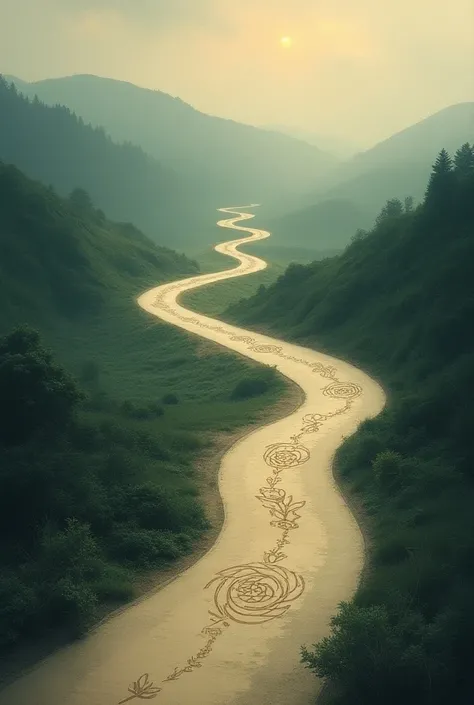  A spiritual journey represented by a sinuous path,  with marks that illustrate moments of reflection , faith and revelation .
