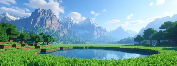 a Minecraft plain with a mini lake and mountains far away