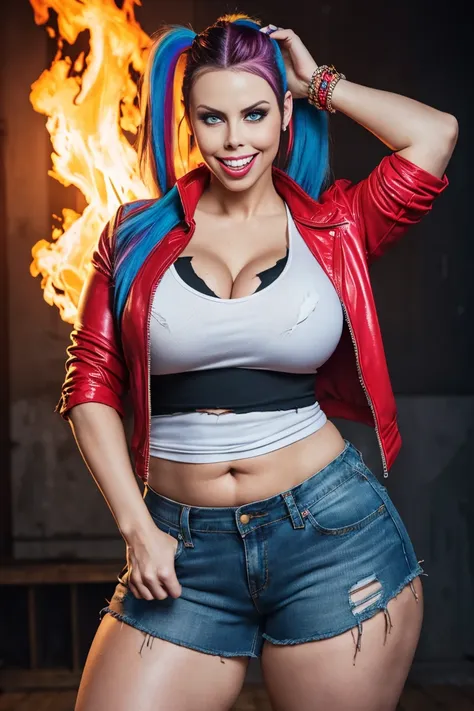 RAW, analogue, Nikon Z 85mm, award-winning glamor photography, ((best quality)), ((masterpiece)), ((realistic)), (((accentuated thick curvy woman))), a 25 years old (((Gianna Michaels))) as a slutty  harley quin holding a baseball bat, shorts, baseball bat...