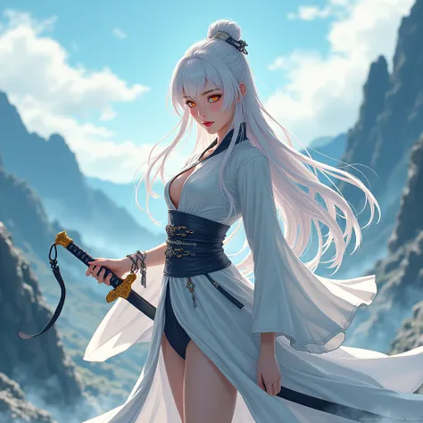 Anime, woman, Vintage Chinese Dress ,Long hair,  orange eyes , White hair,
 High Resolution,
, holding a sword, Long-range view, On the mountain ,See thigh ,  transparent white shower,
See the chest